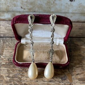 Vintage faux diamond & faux pearl wedding earrings clips~
